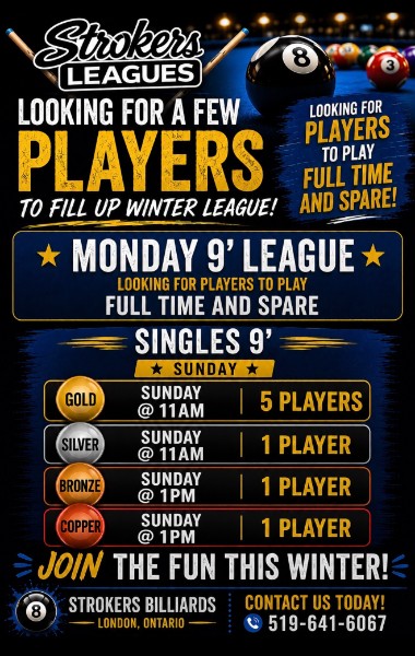 Strokers Billiards winter league openings: the Monday 9-Foot League needs full time and spare players, and Sunday Singles has 5 Gold spots, 1 Silver, 1 Bronze and 1 Copper open